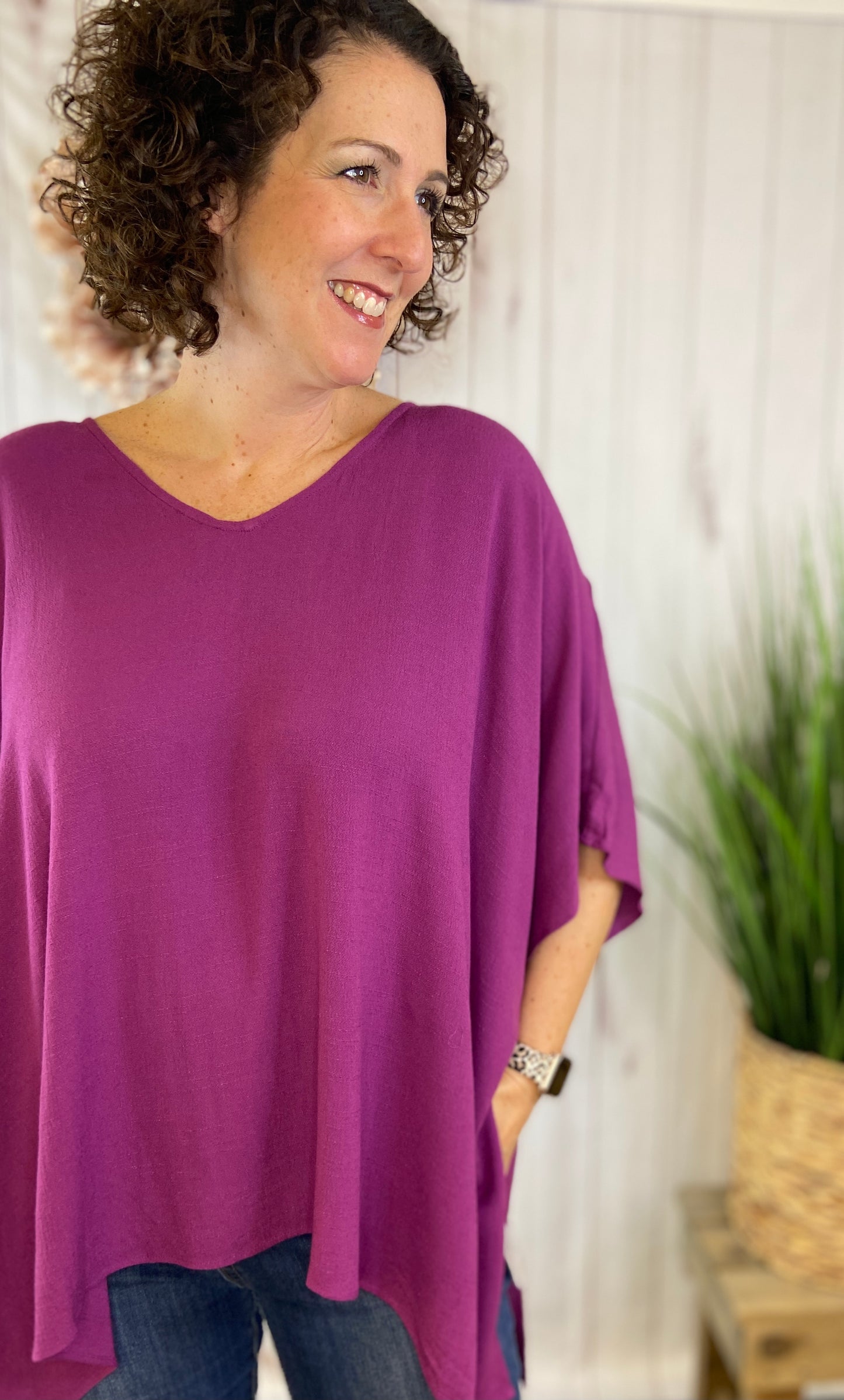 Drop Shoulder Poncho Style Tunic Top - PURPLE