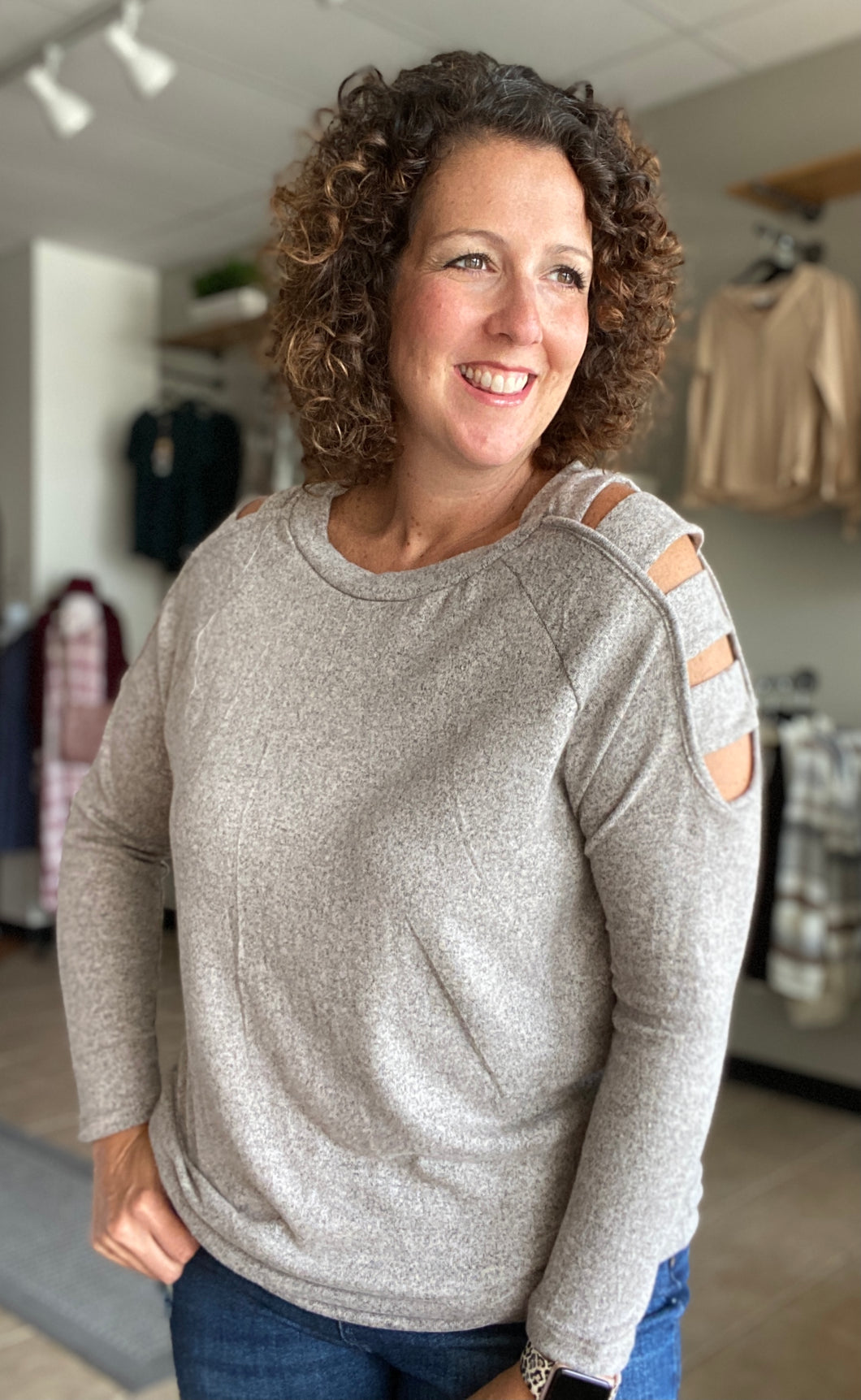 Cozy Brushed Cut Out Shoulder Top - OATMEAL