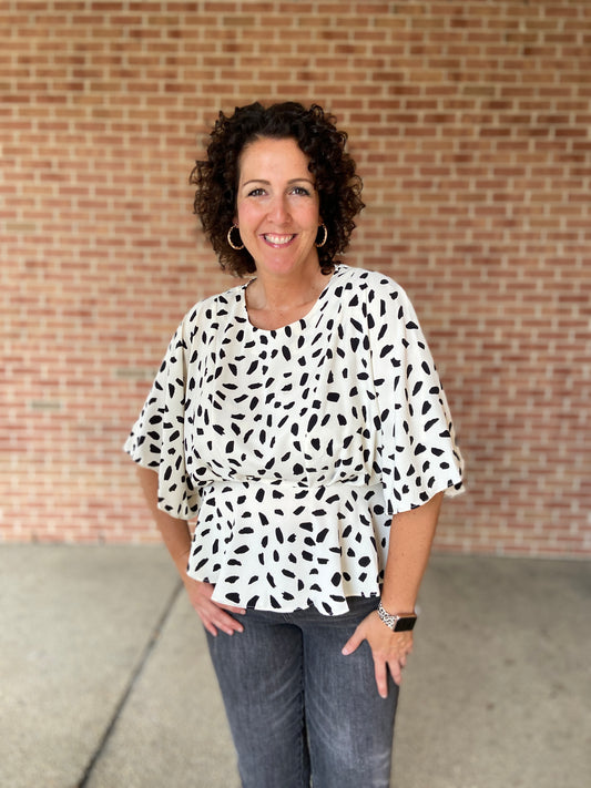 Dalmation Print Top with Peplum Hem