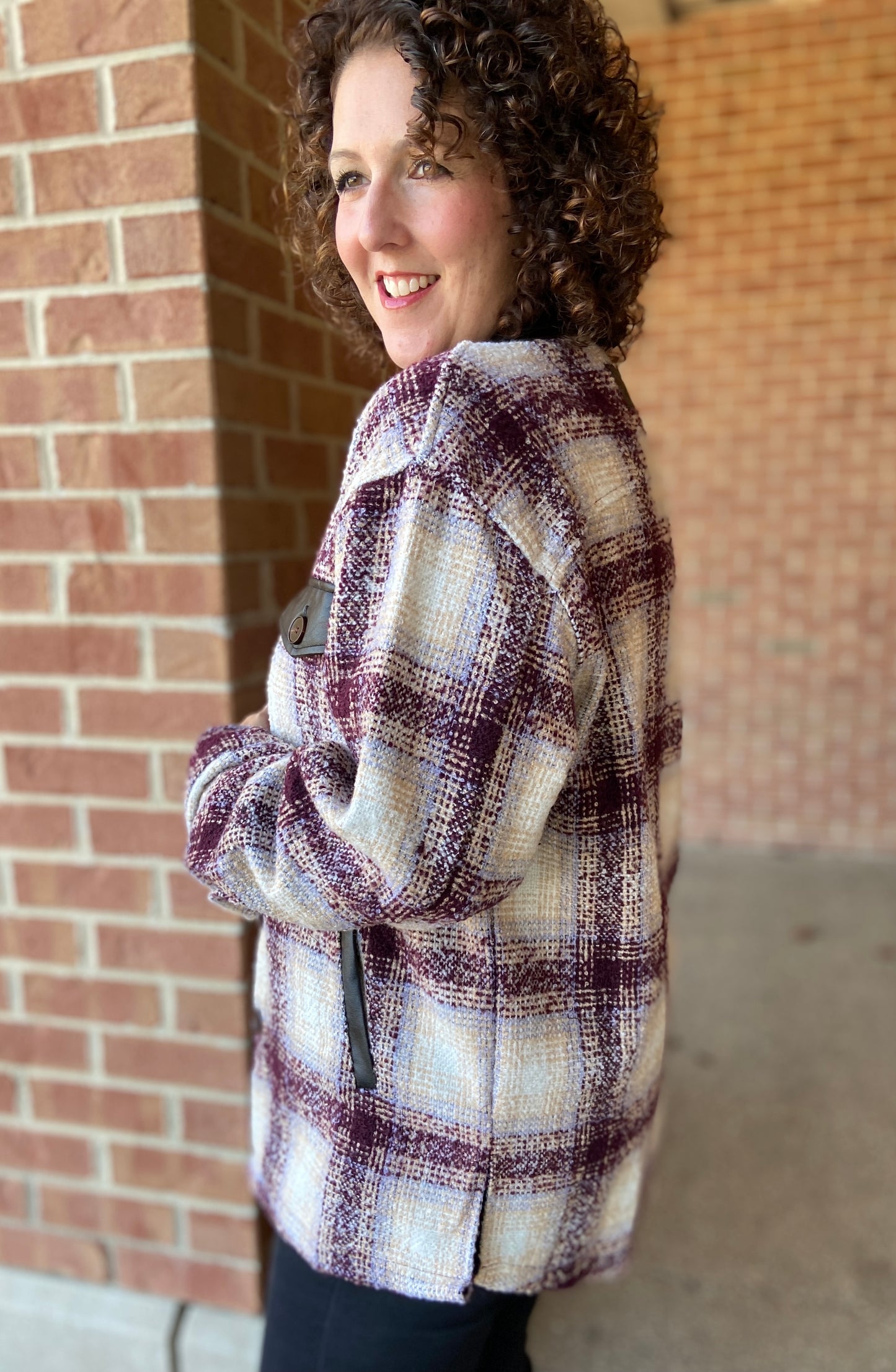 Tweed Shacket with Faux Leather Accents - PLUM/LILAC