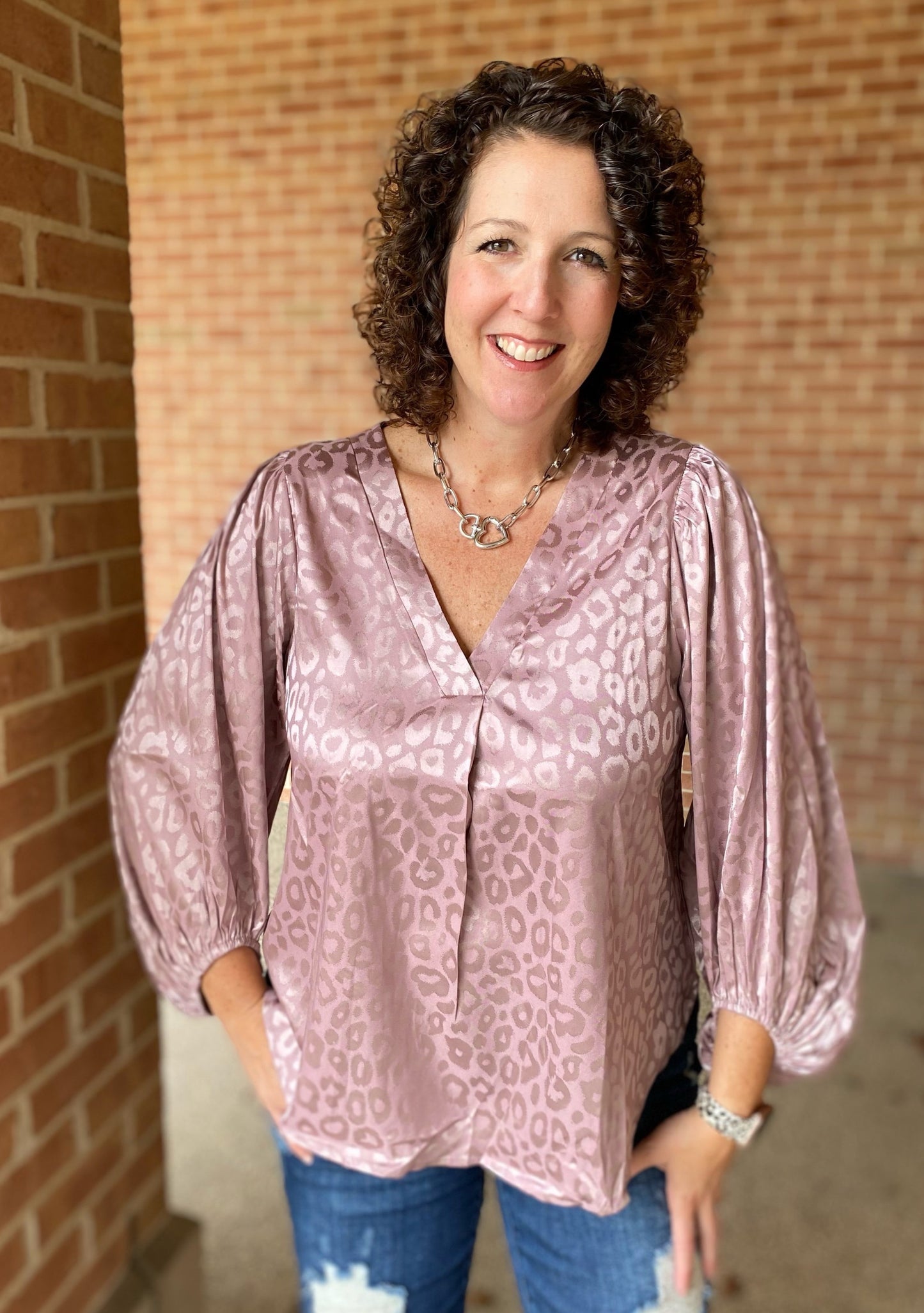 Satin Leopard Blouse with Puff Sleeves - MAUVE