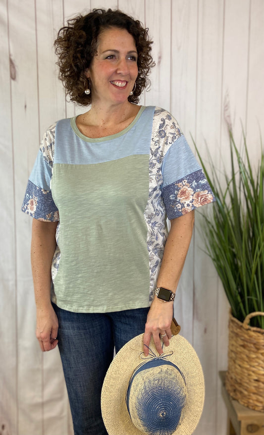 Mixed Vintage Floral Colorblock Top