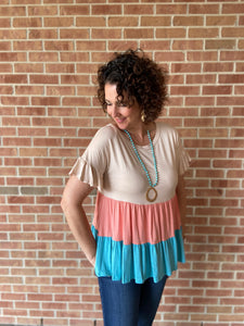 Colorblock Tiered Top with Ruffle Sleeve