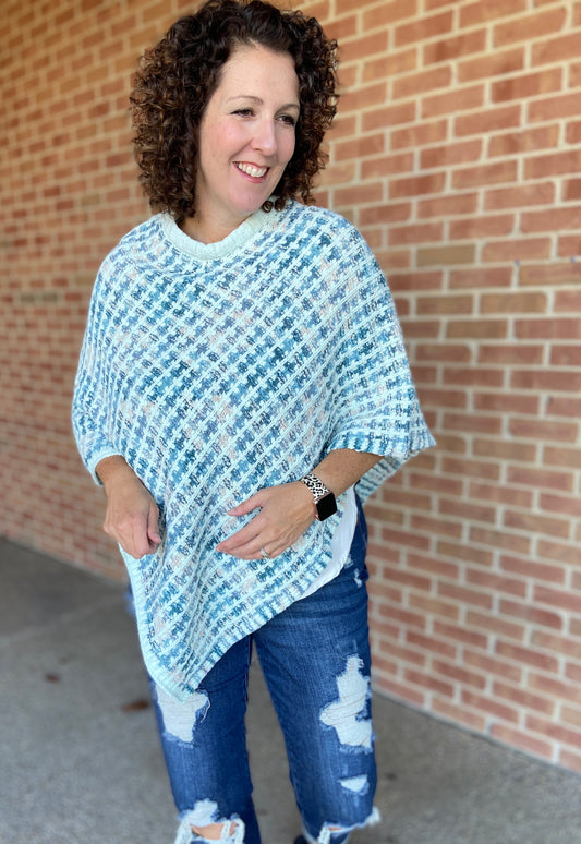 Cross Knit Poncho - BLUE