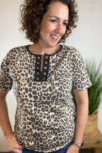 Load image into Gallery viewer, Leopard Split Neck Top with Grommet Detail