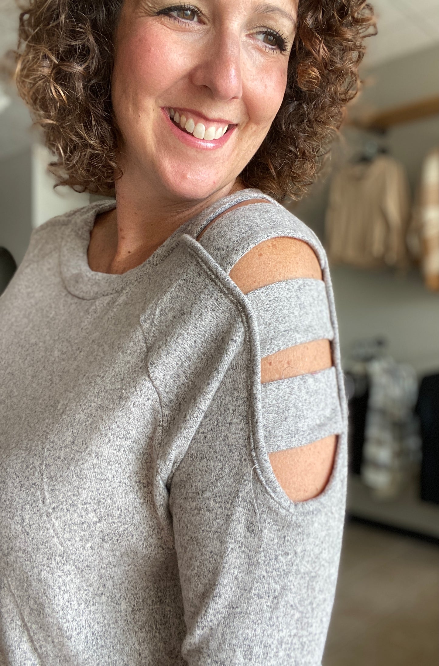 Cozy Brushed Cut Out Shoulder Top - OATMEAL