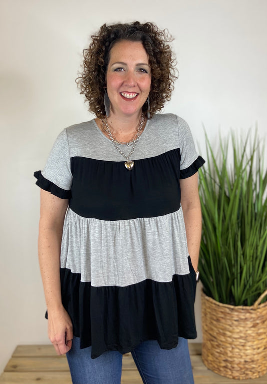 Two-Tone Colorblock Top with Ruffle Sleeve