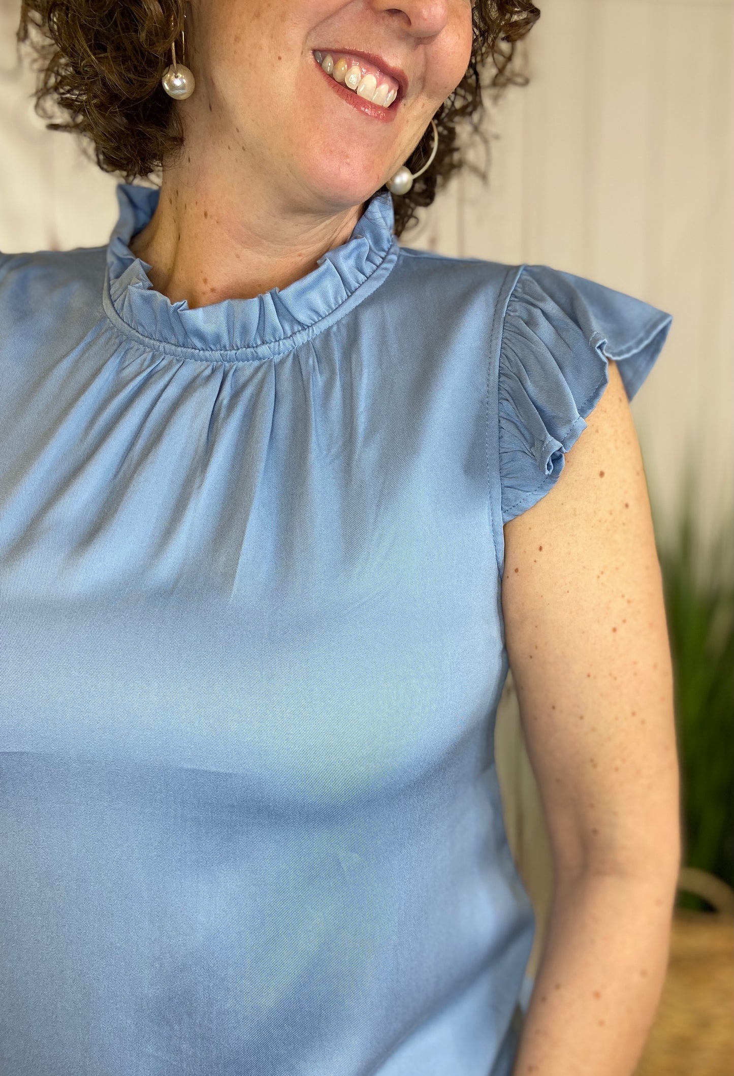 Ruffle Sleeve Mock Neck Top - POWDER BLUE