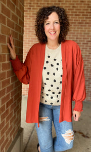 Open Cardigan with Smocked Cuff - RUST