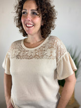 Load image into Gallery viewer, Waffle Knit Top with Lace Yoke - STONE