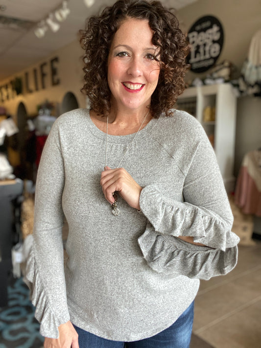 Ruffled Open Sleeve Knit Top - LIGHT GRAY