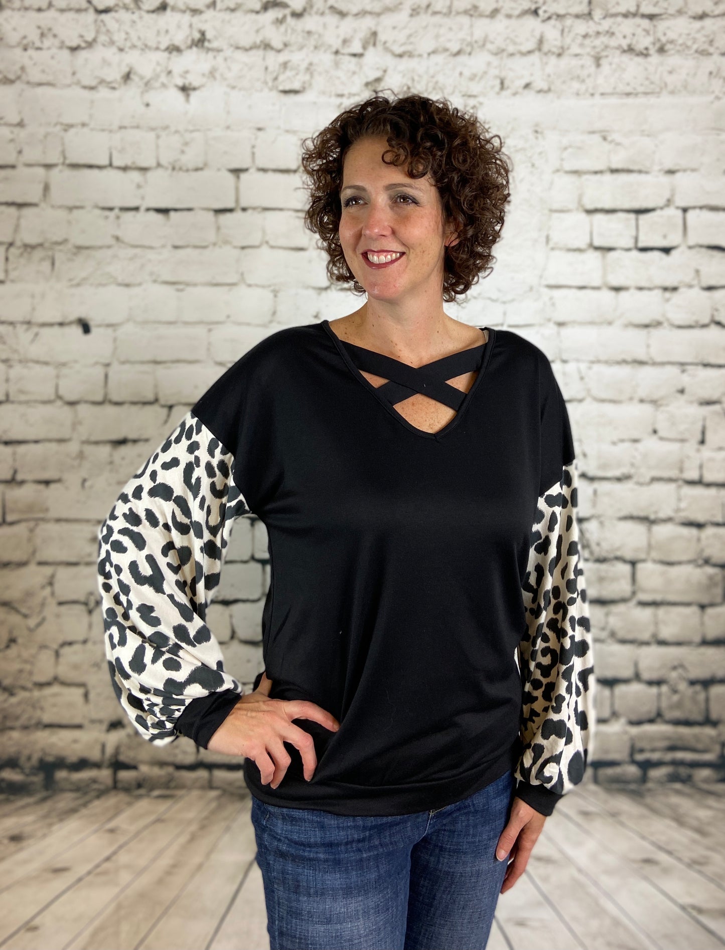 Criss Cross Terry Top with Leopard Sleeves