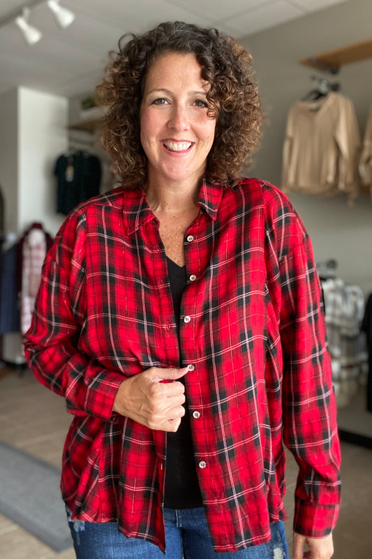 Relaxed Plaid Button Down - BLACK/RED