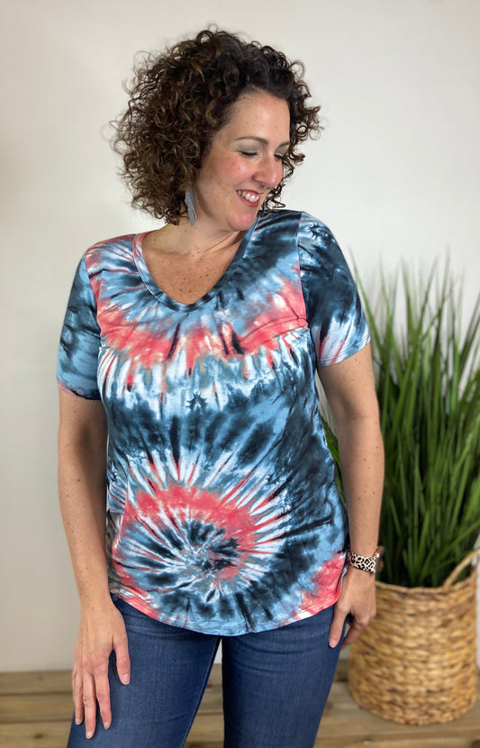 Tie Dye Jersey Top - CHARCOAL/BLUE