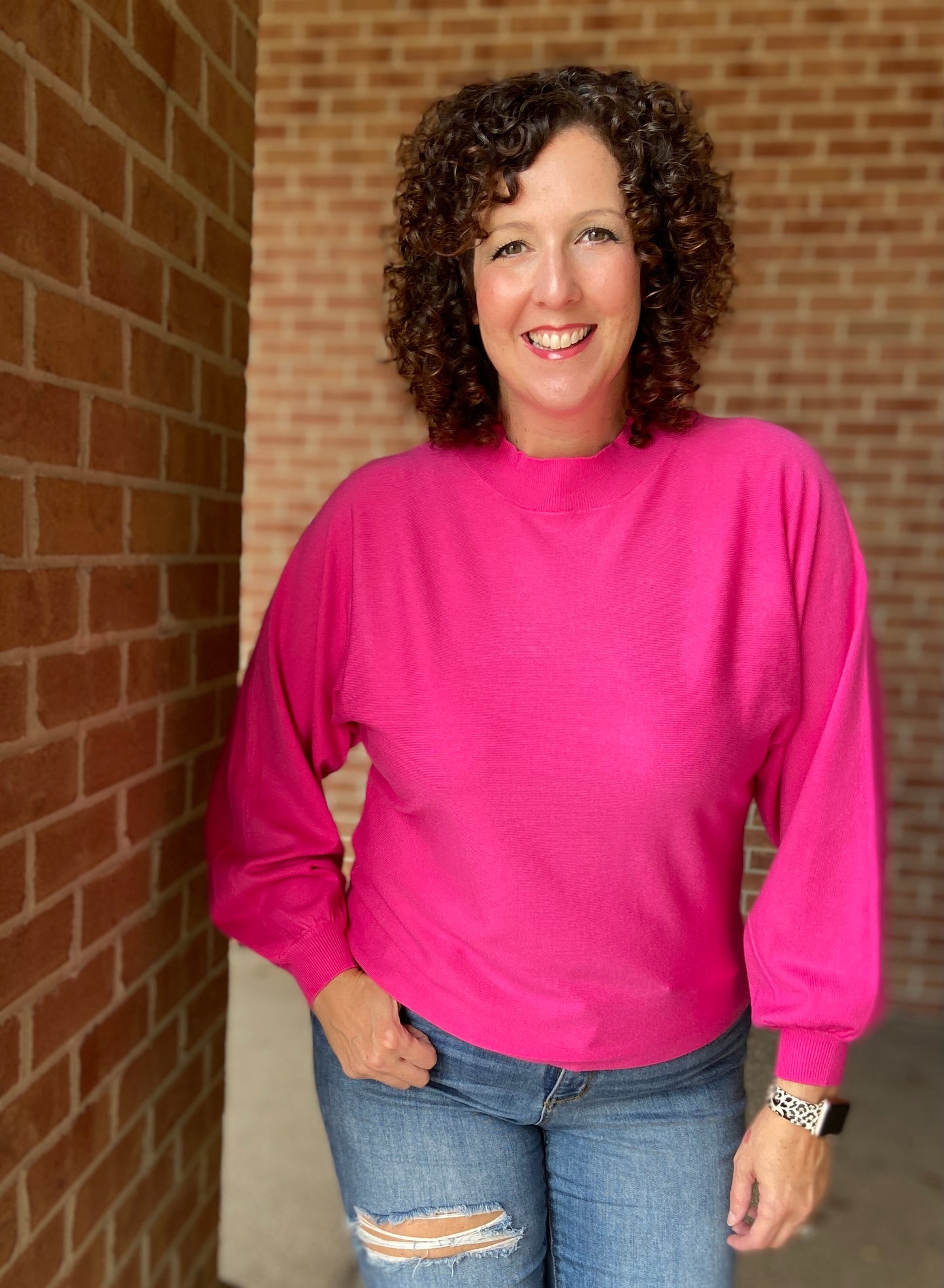 Ultra Soft Sweater with Puff Sleeves - HOT PINK