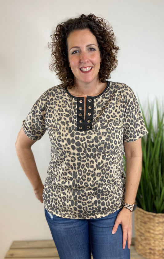 Leopard Split Neck Top with Grommet Detail