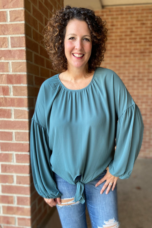 Pleated Neckline Blouse with Puff Sleeves - SAGE