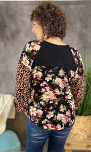 Floral and Animal Puff Sleeve Top - BLACK MIX