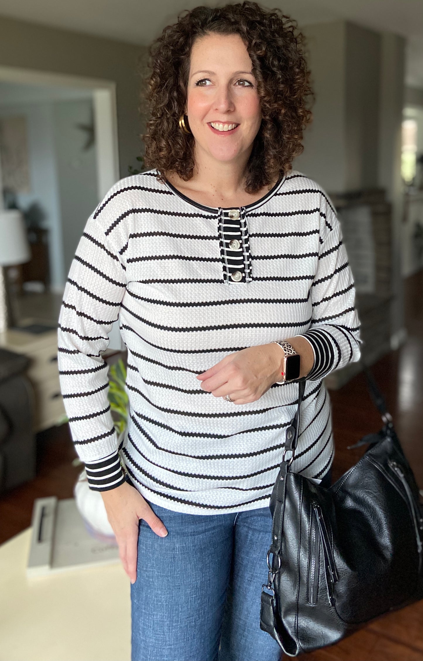 Striped Waffle Knit Top with Buttons