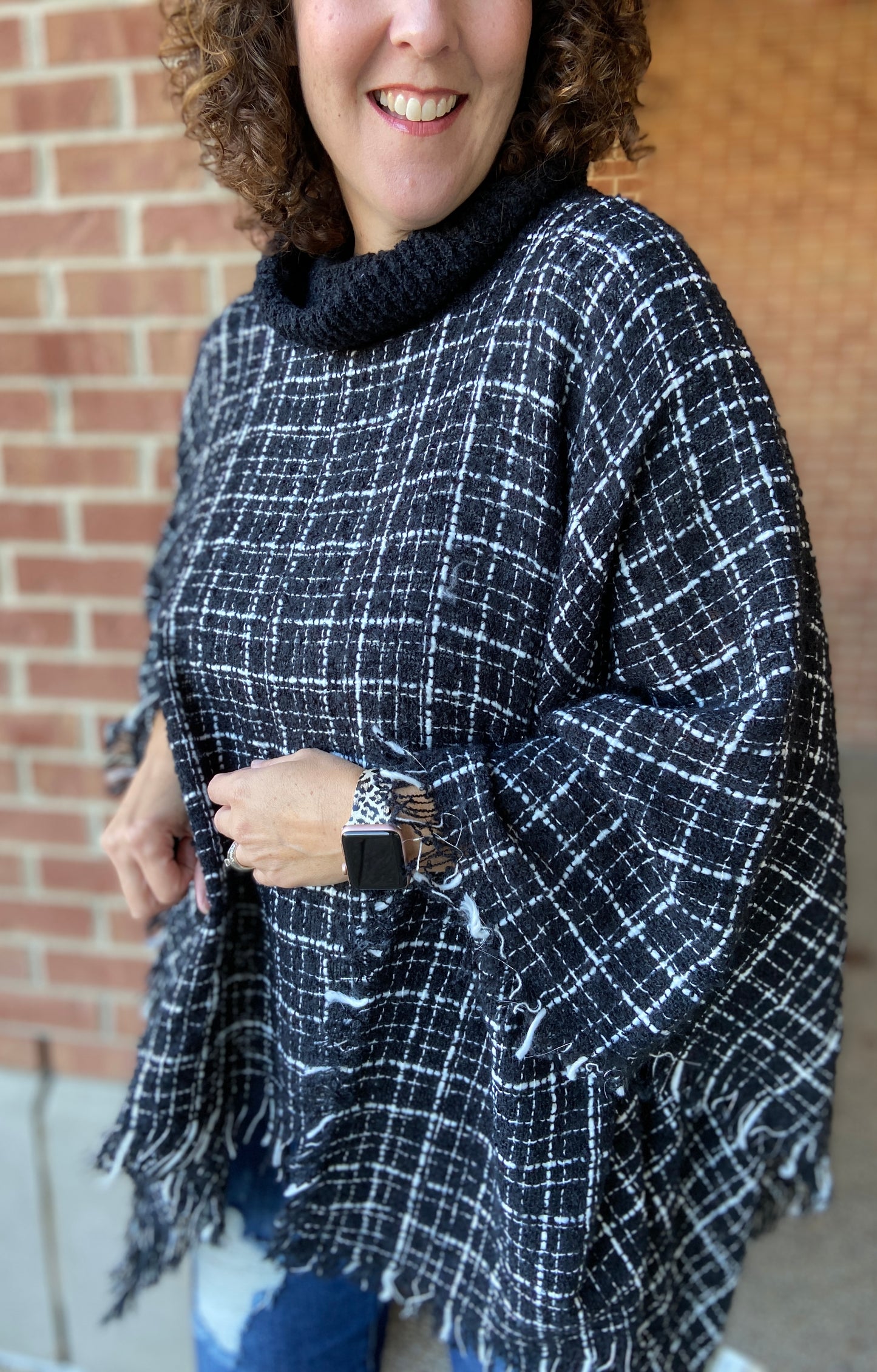 Fine Plaid Cowl Neck Poncho - BLACK