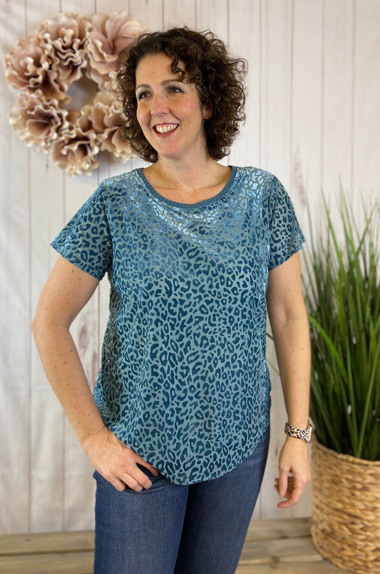 Velvet Leopard Burnout Top - DUSTY BLUE