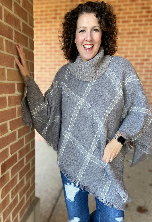 Big Plaid Cowl Neck Poncho - LIGHT GRAY