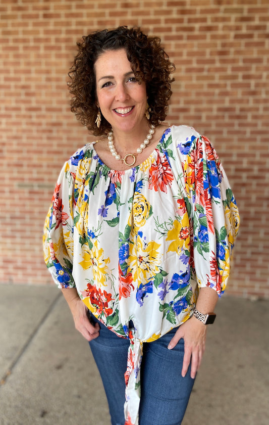 Bold Floral Puff Sleeve Top with Tie