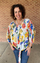 Load image into Gallery viewer, Bold Floral Puff Sleeve Top with Tie