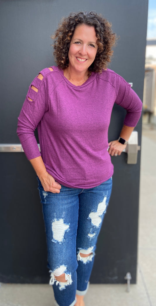 Cozy Brushed Cut Out Shoulder Top - PLUM