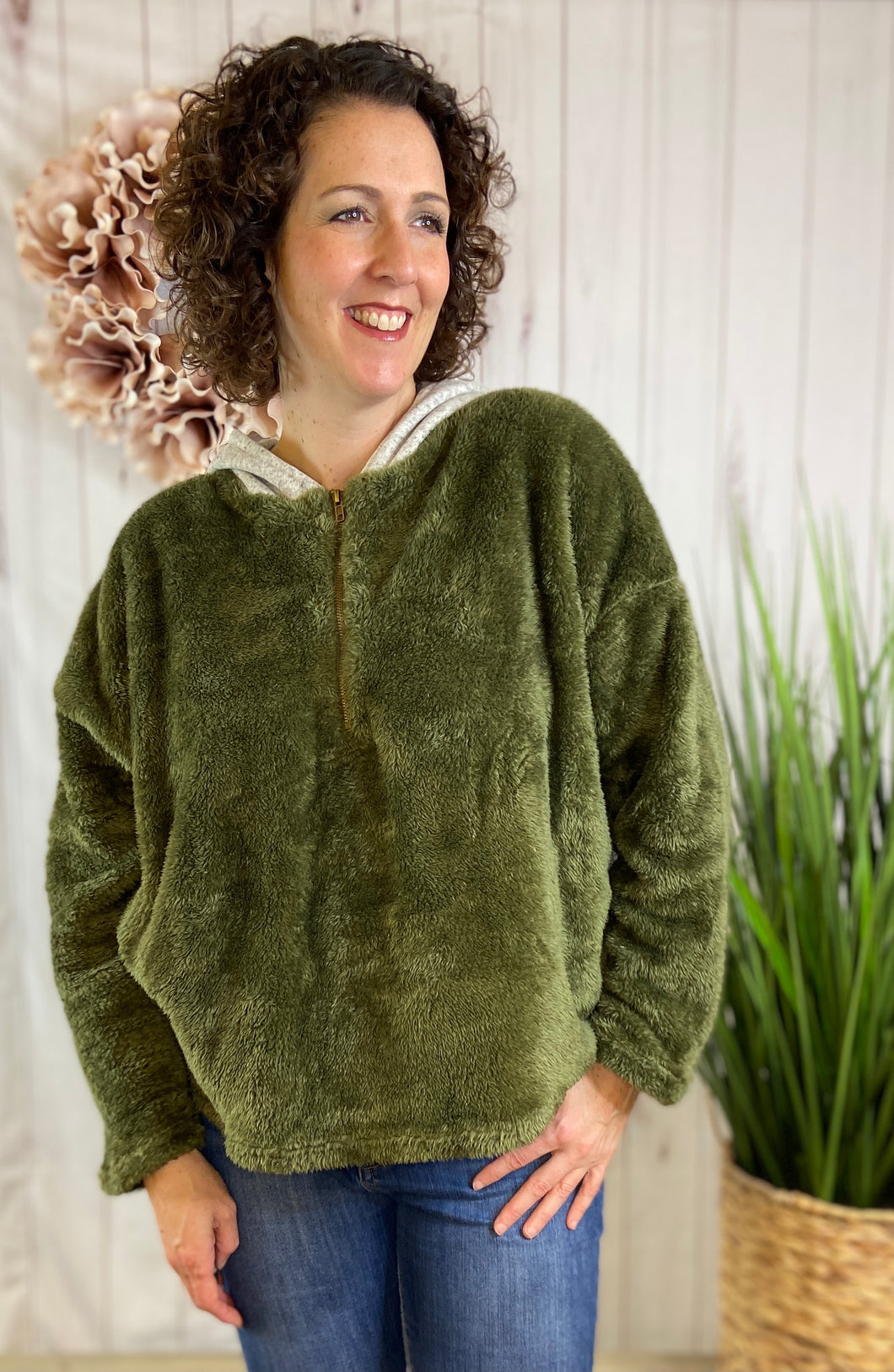 Fuzzy Knit Half-Zip Hooded Pullover - OLIVE