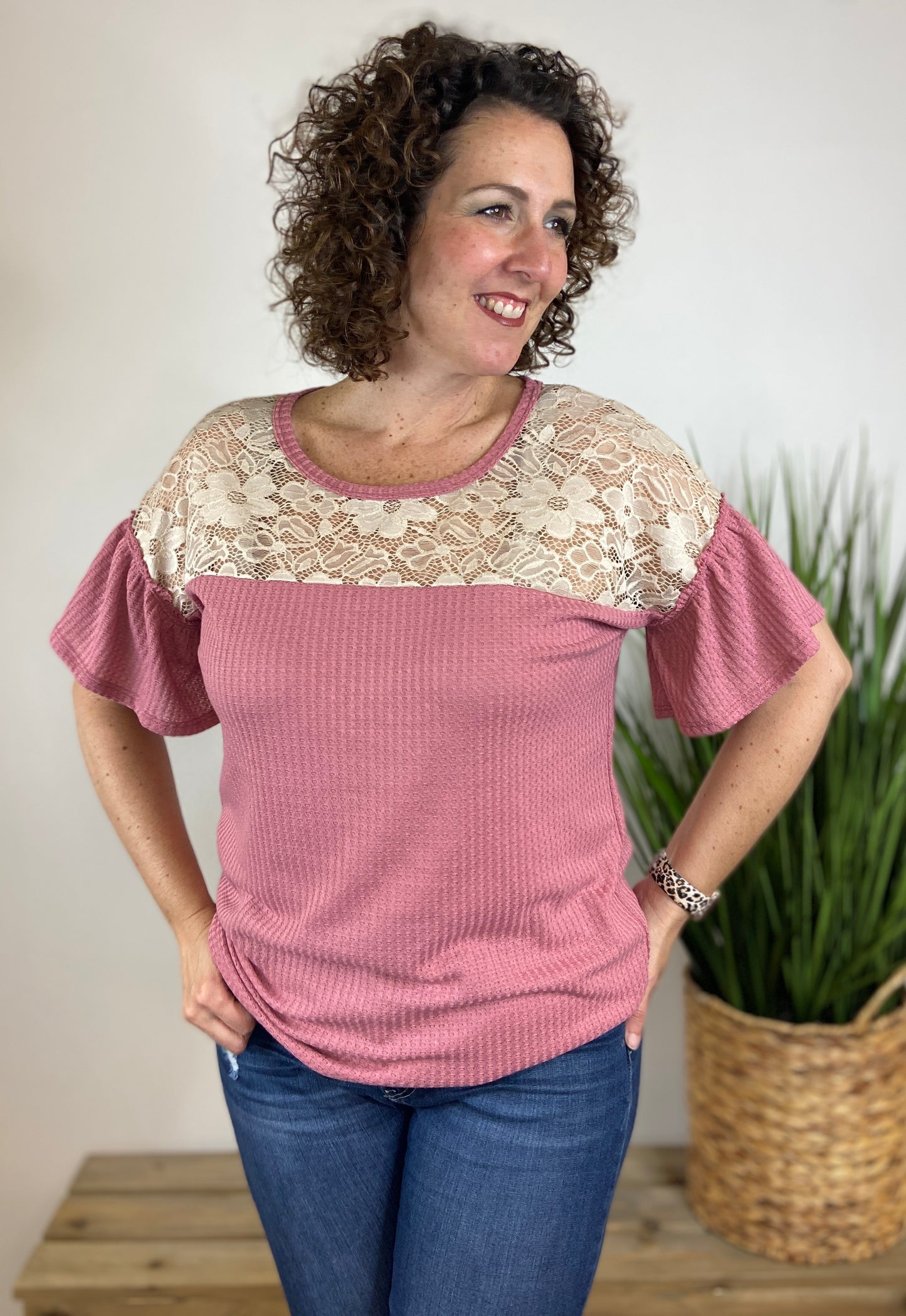 Waffle Knit Top with Lace Yoke - ROSE