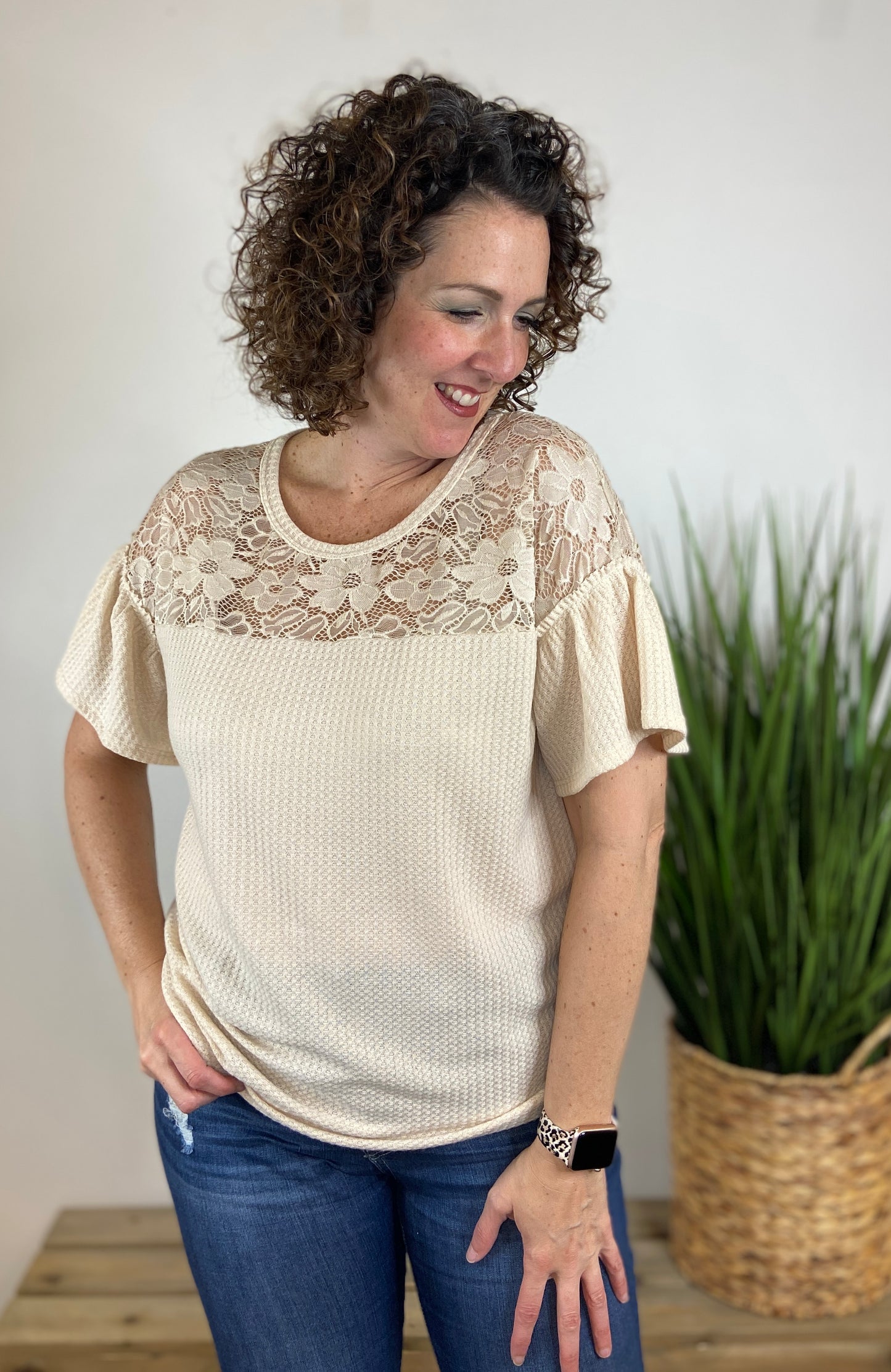 Waffle Knit Top with Lace Yoke - STONE