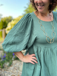 Crinkle Babydoll Dress with Puff Sleeve - HUNTER GREEN
