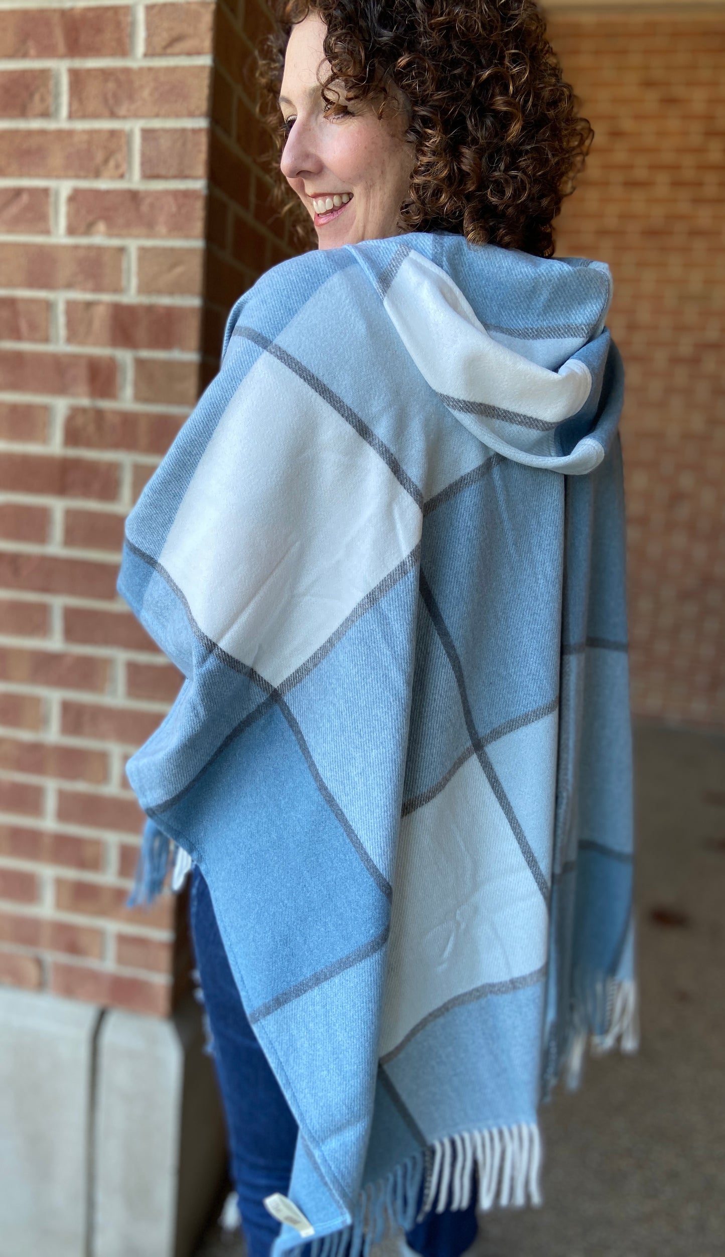 Fringed Plaid Hooded Cape - LIGHT BLUE