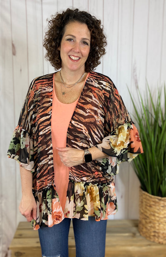 Zebra Chiffon Kimono with Floral Trim
