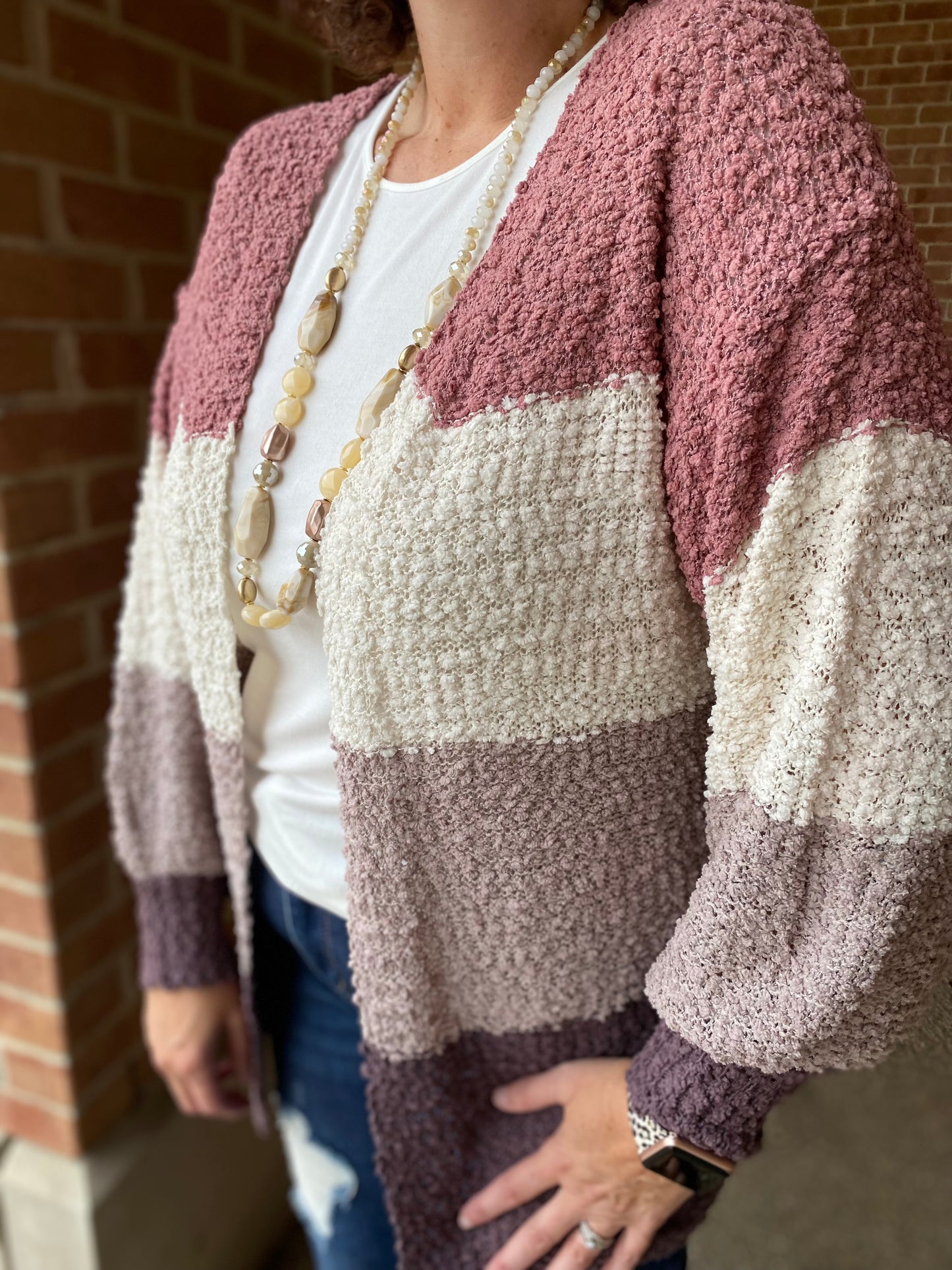 Wide Stripe Popcorn Cardigan - MAUVE