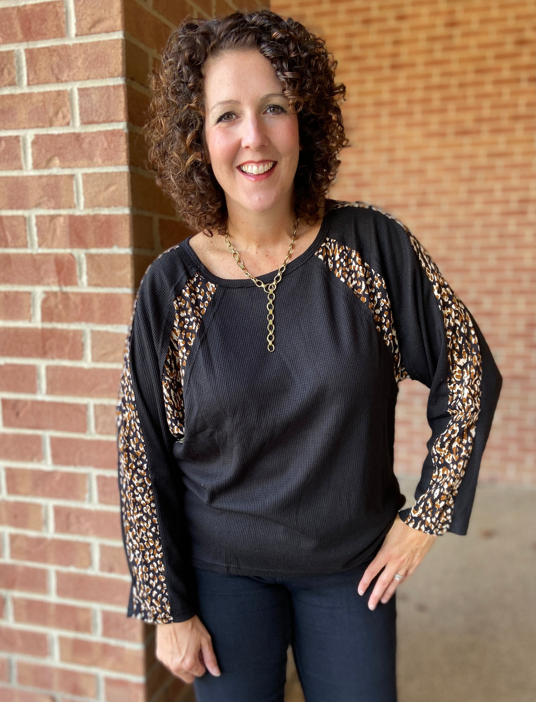 Dolman Waffle Knit Top with Animal Accents - BLACK