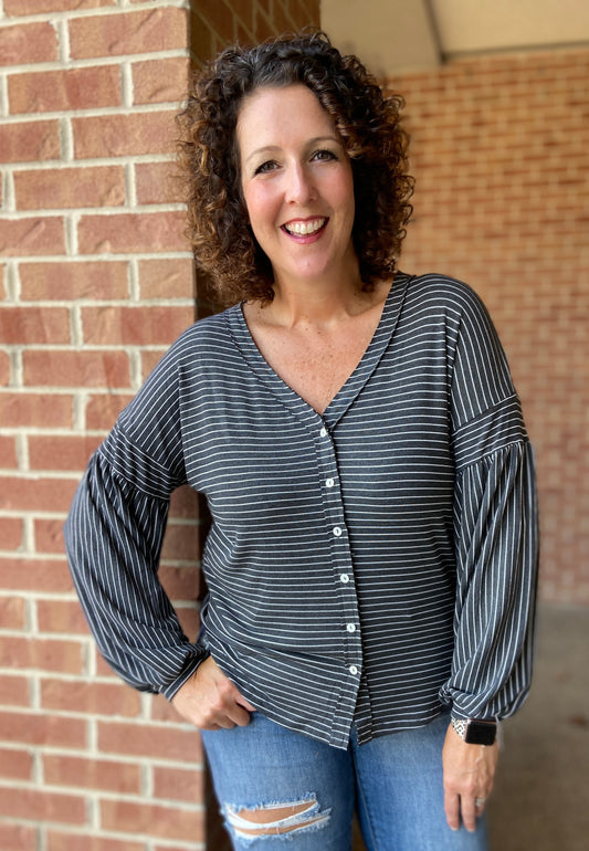 Striped Button Front Top with Puff Sleeves