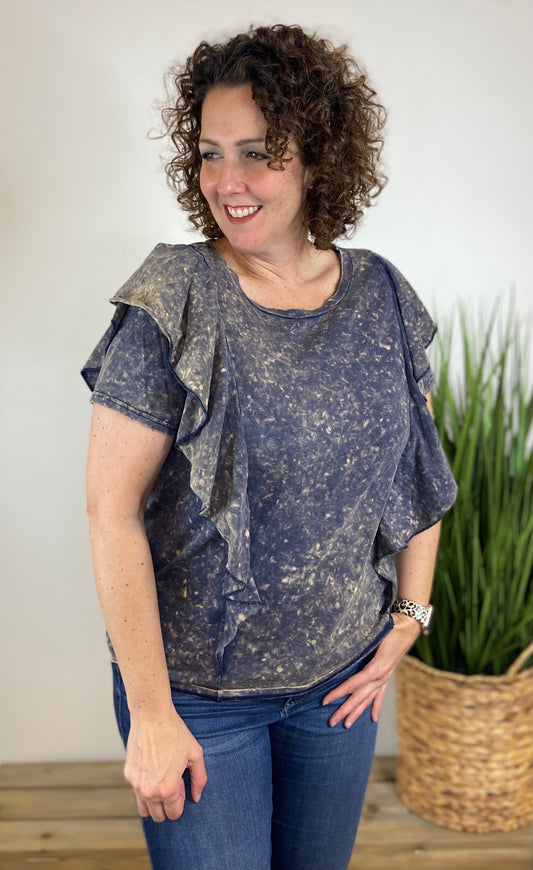 Acid Wash Ruffled Top - VINTAGE NAVY
