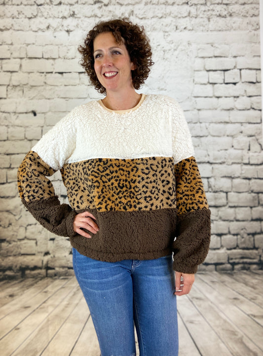 Colorblock Leopard Sherpa Pullover