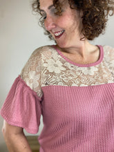 Load image into Gallery viewer, Waffle Knit Top with Lace Yoke - ROSE