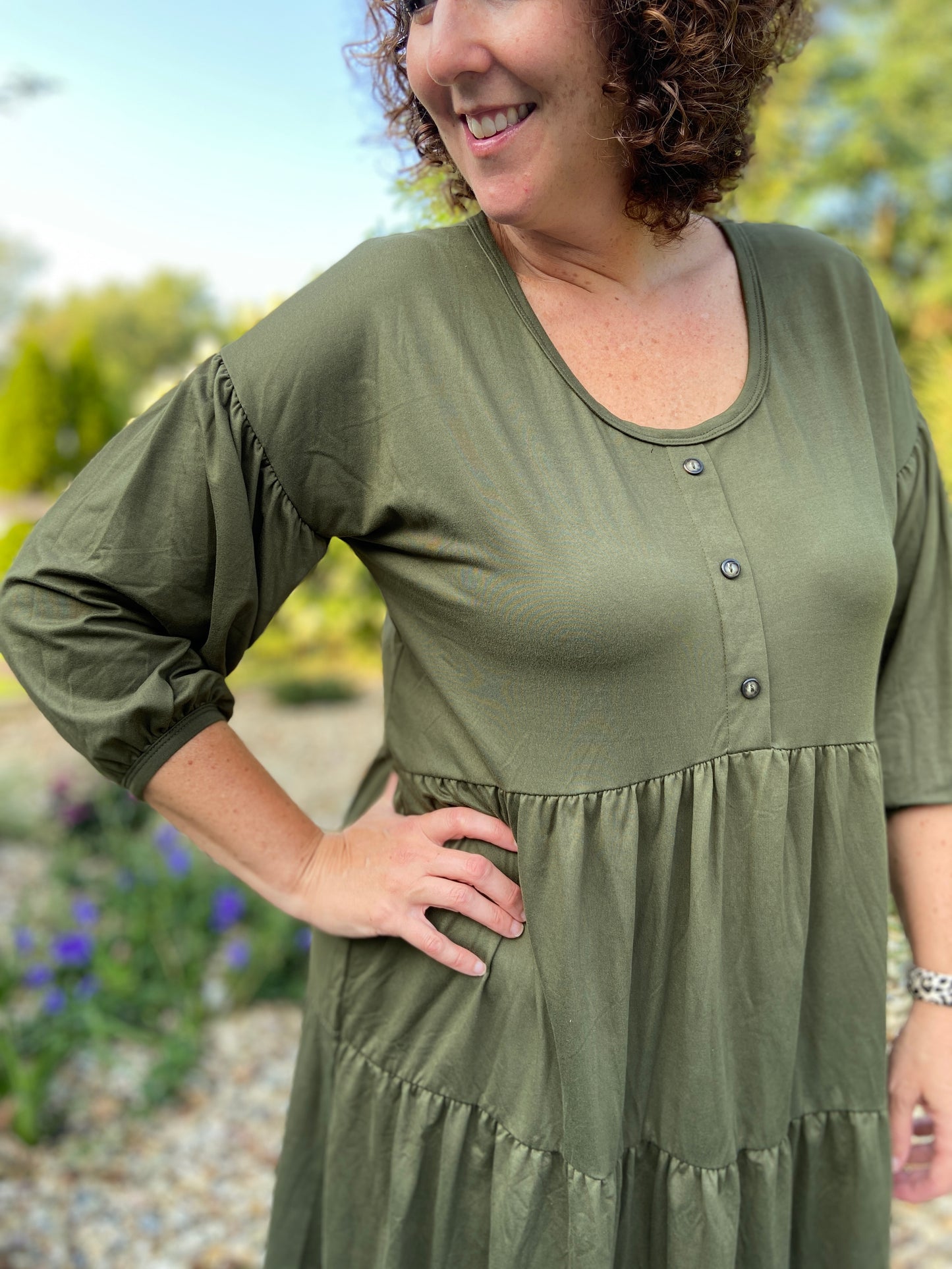 Brushed Tiered Dress with Balloon Sleeves - OLIVE