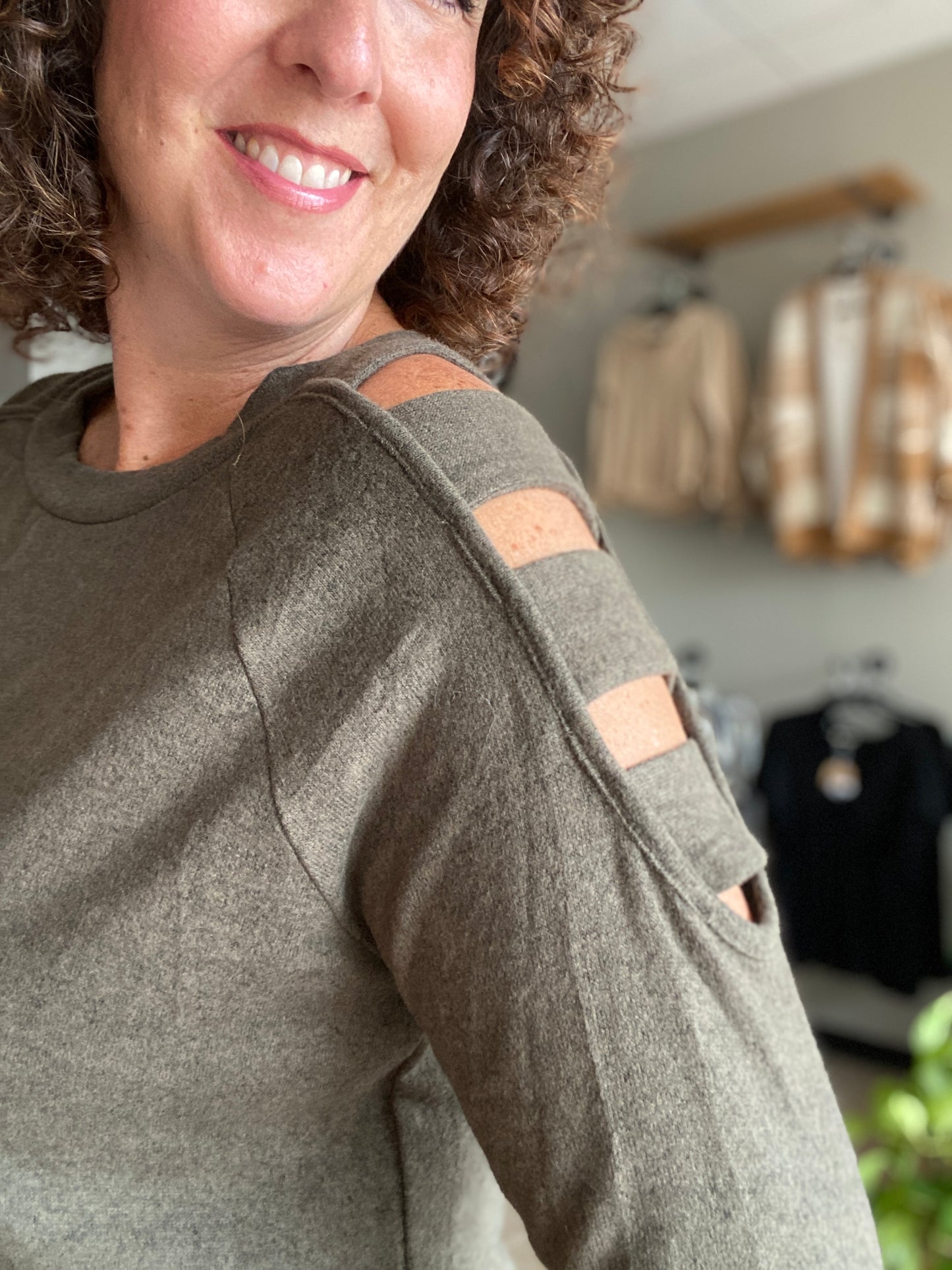 Cozy Brushed Cut Out Shoulder Top - OLIVE