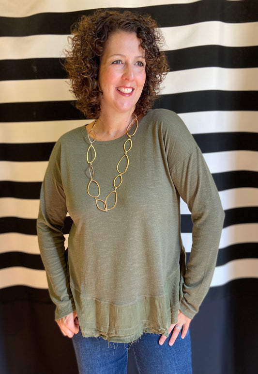 Mixed Knit and Woven Top with Swoop Back - OLIVE