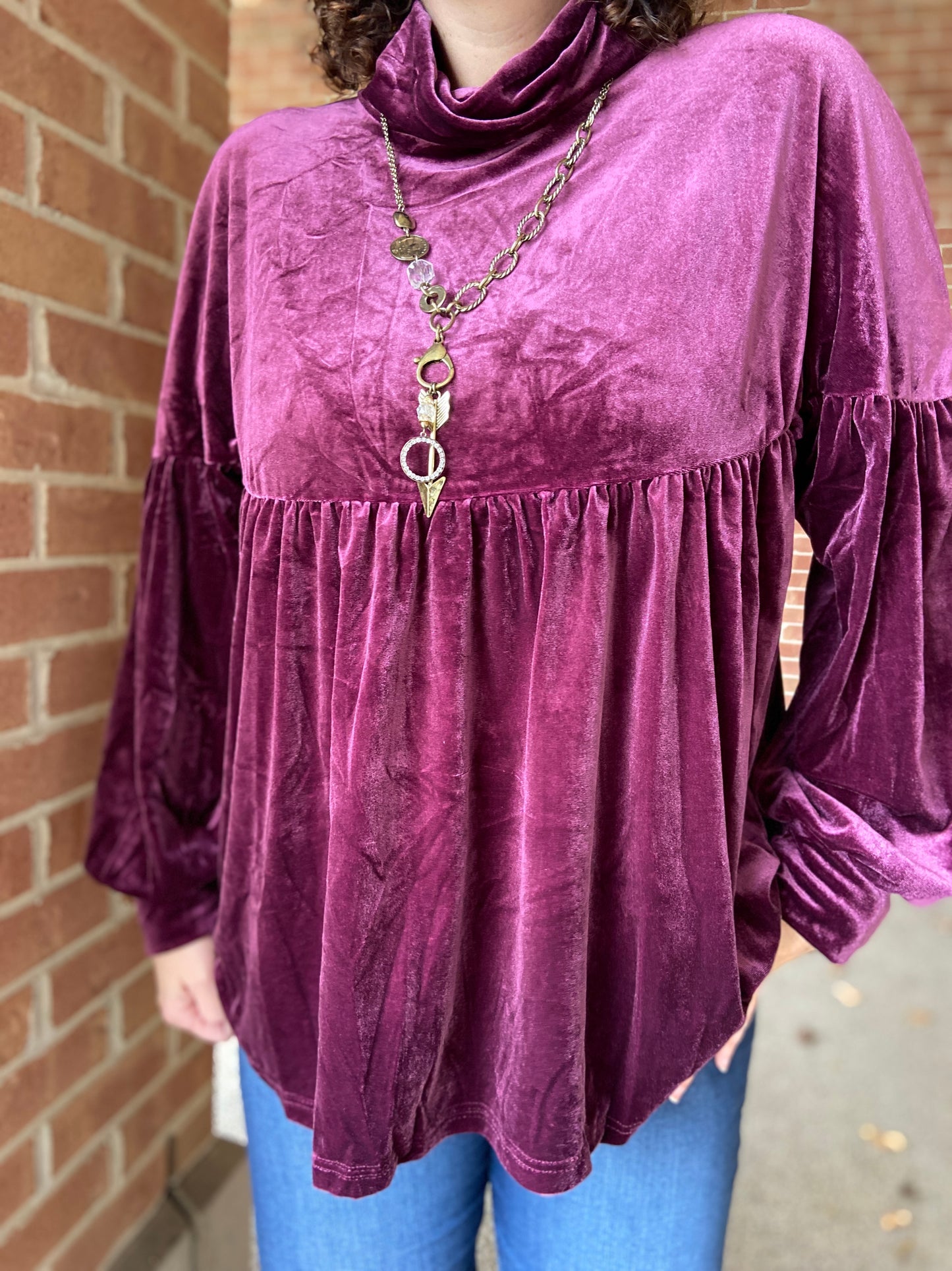 Velvet Cowl Neck Babydoll Top - PLUM