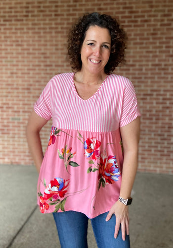 Pinstripe and Floral Babydoll Top