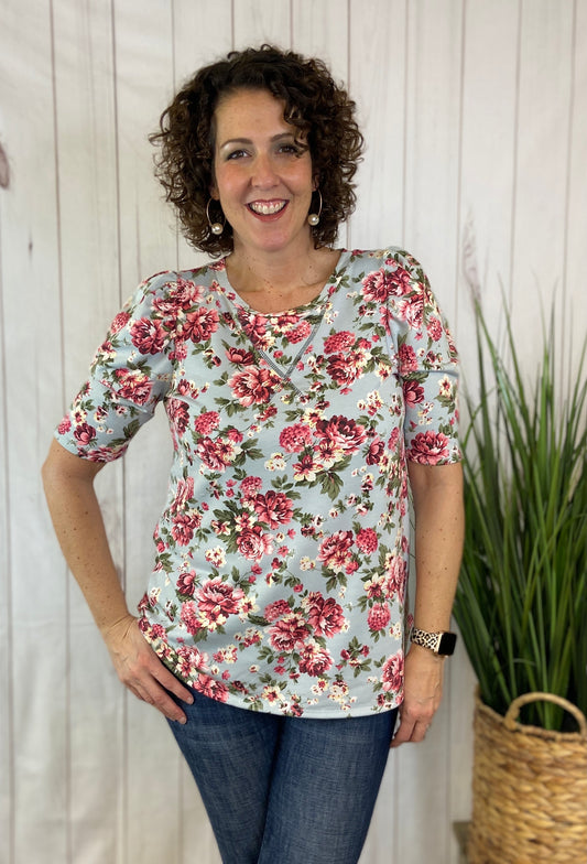 Floral French Terry Top with Puff Sleeve