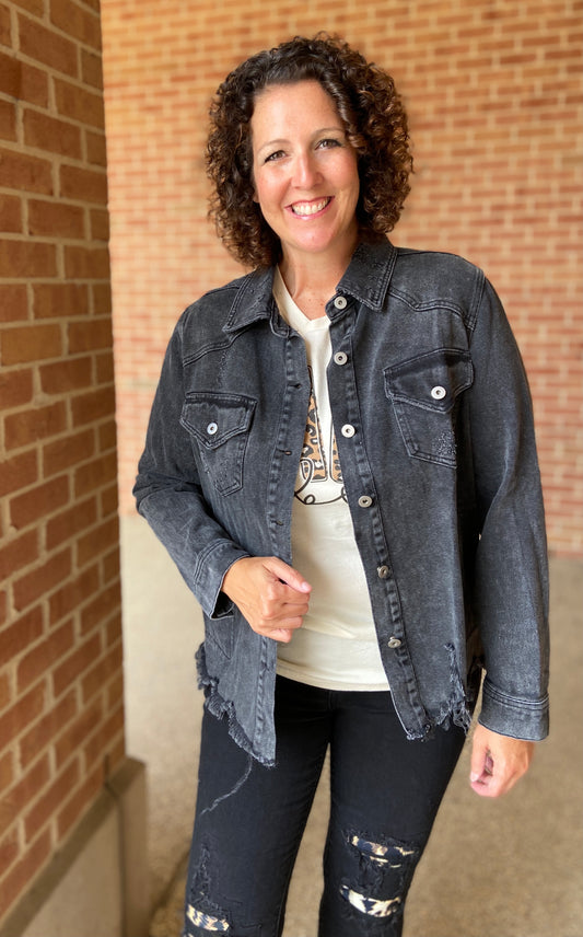 Lightly Distressed Denim Jacket - CHARCOAL