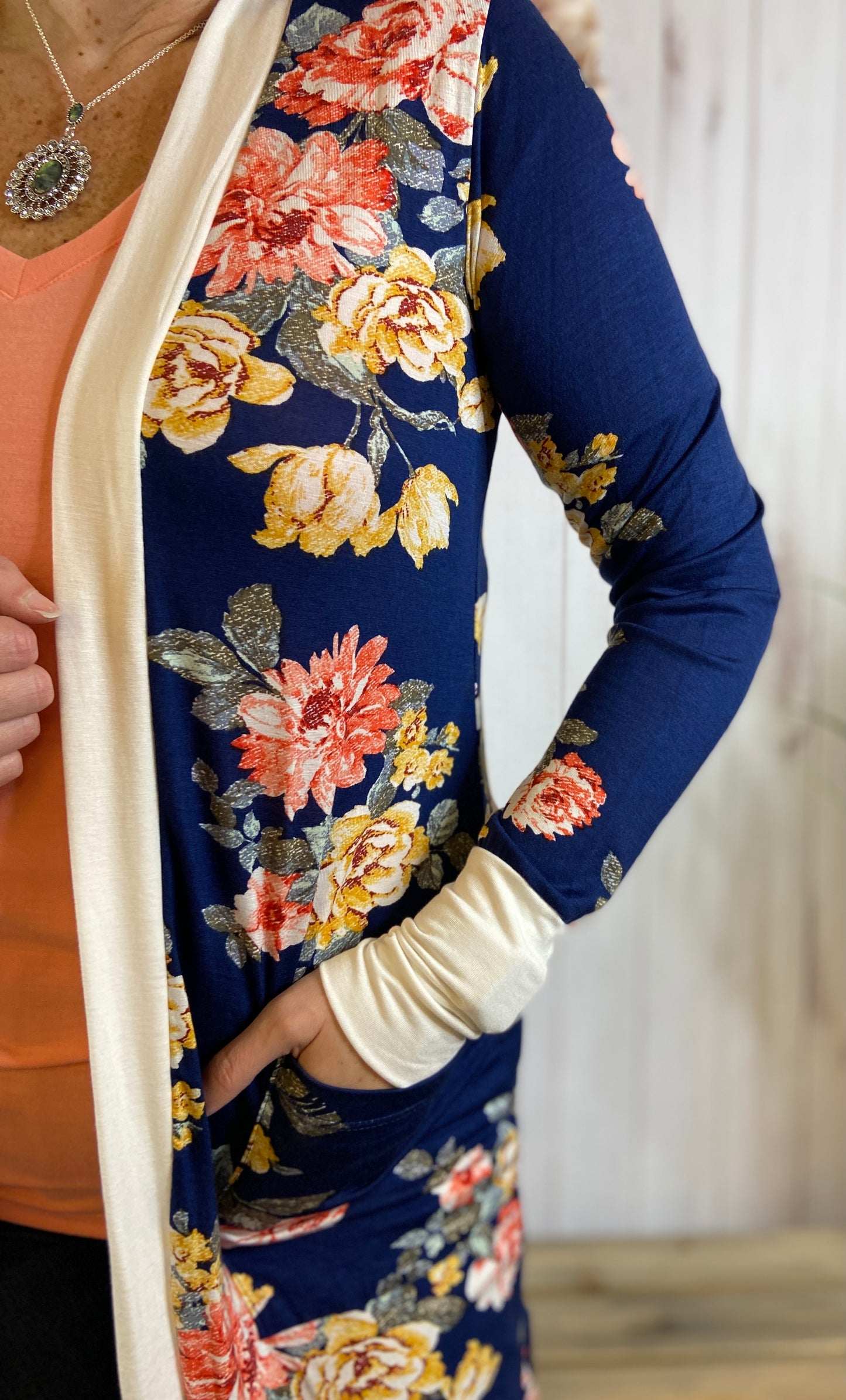 Floral Midi Cardigan with Contrast Cuffs