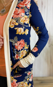 Floral Midi Cardigan with Contrast Cuffs